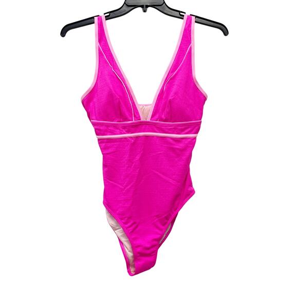 Cupshe Women's Plunging Piped Tummy Control One Piece Hot Neon Pink Size L - Picture 1 of 8
